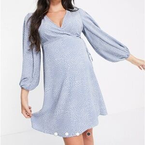 Glamorous Bloom maternity puff sleeve wrap dress in blue spot print